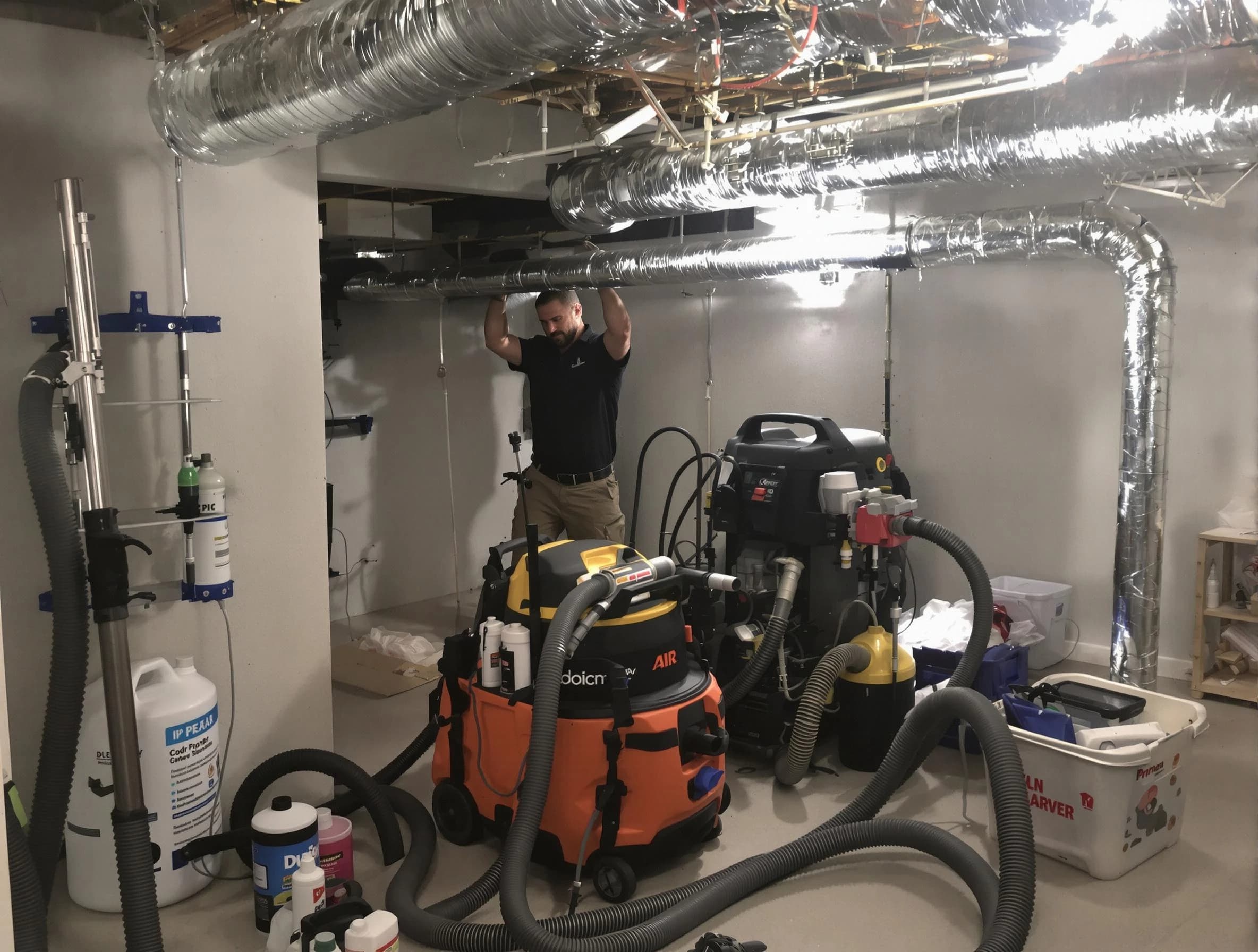Hoover Air Duct Cleaning specialist performing professional mold removal from air ducts using safety equipment in Hoover