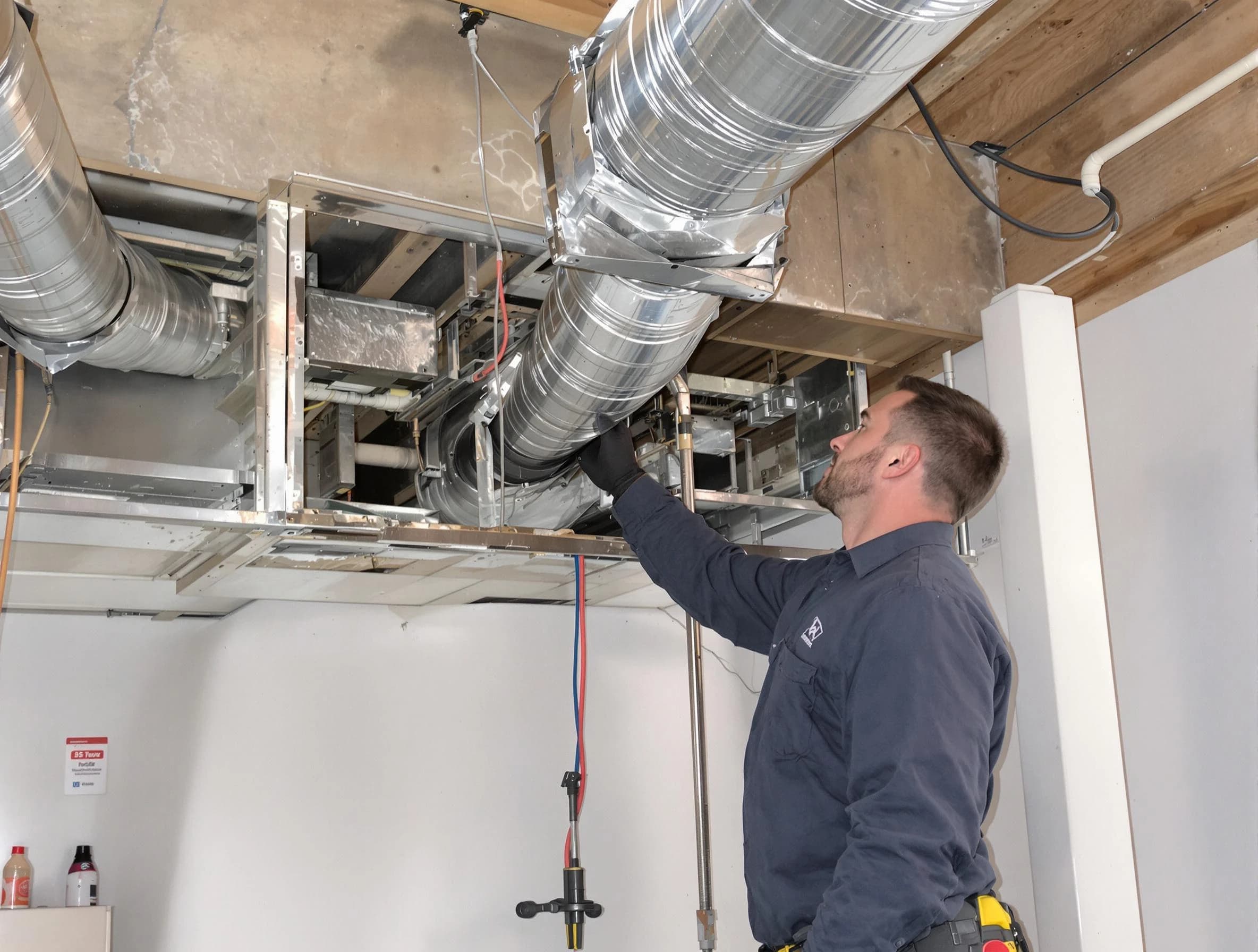 Hoover Air Duct Cleaning technician performing professional air duct repair using specialized tools in Hoover