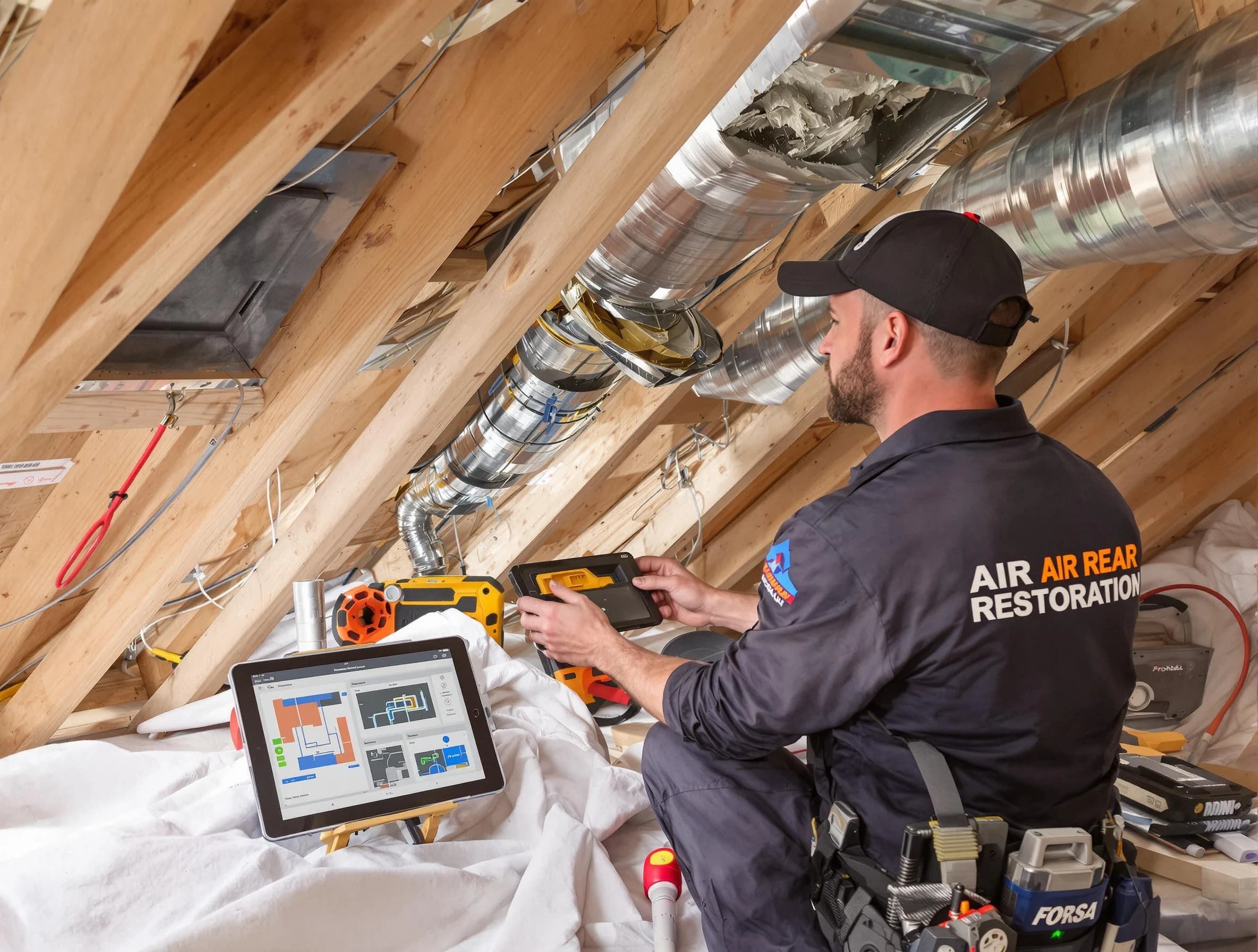 Hoover Air Duct Cleaning technician performing precise duct repair work in Hoover