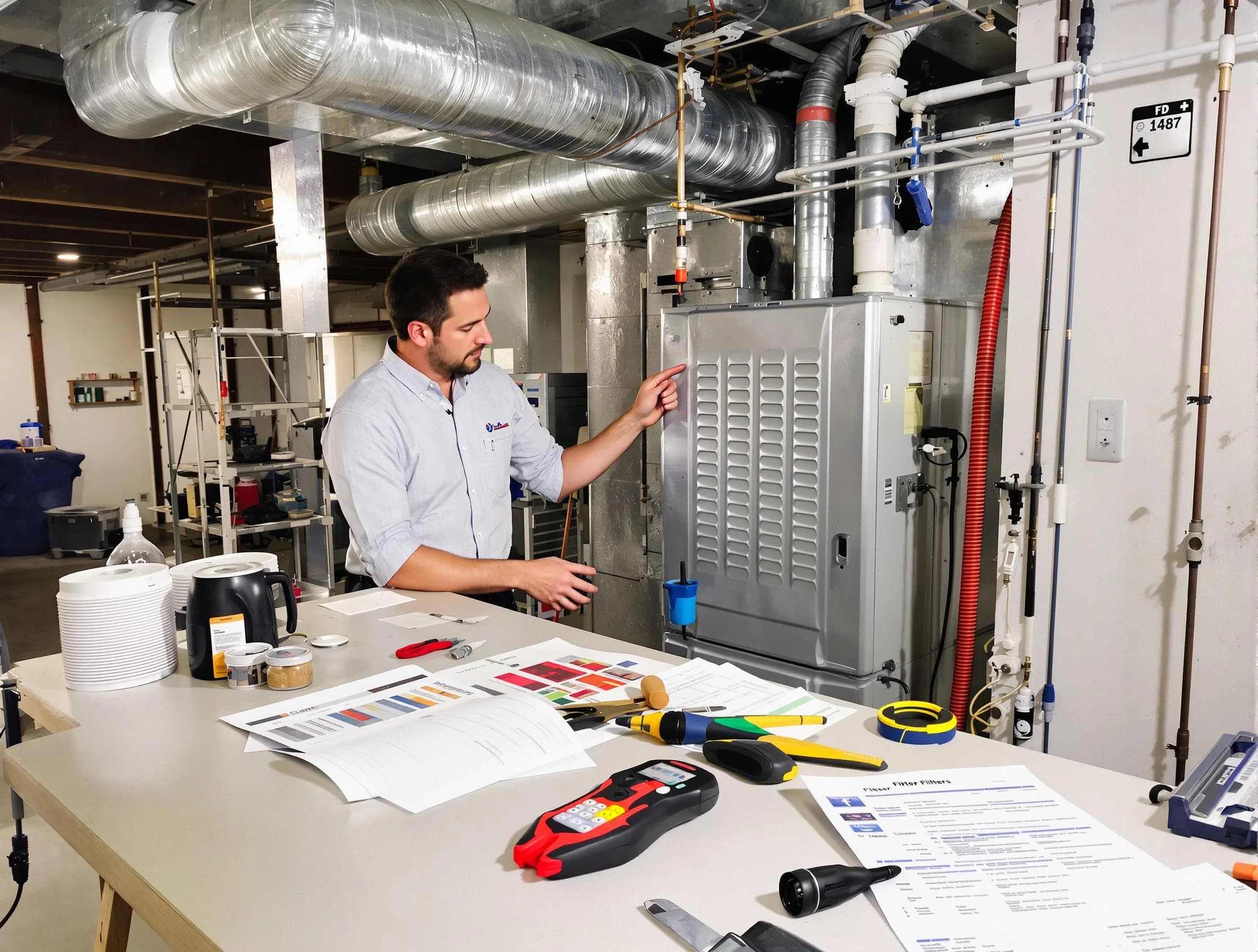 Hoover Air Duct Cleaning inspector conducting detailed filter system evaluation using professional diagnostic tools in Hoover