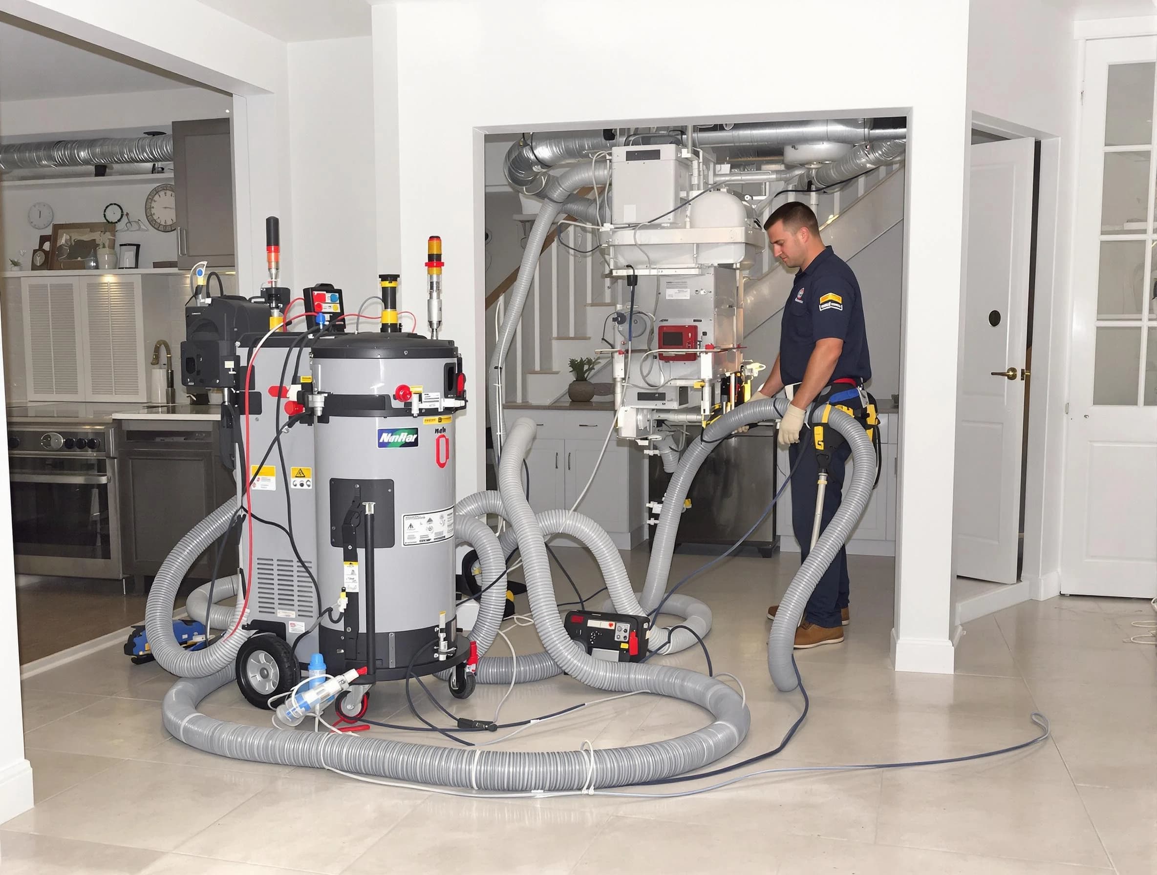 Hoover Air Duct Cleaning technician operating negative pressure cleaning equipment for thorough duct maintenance in Hoover