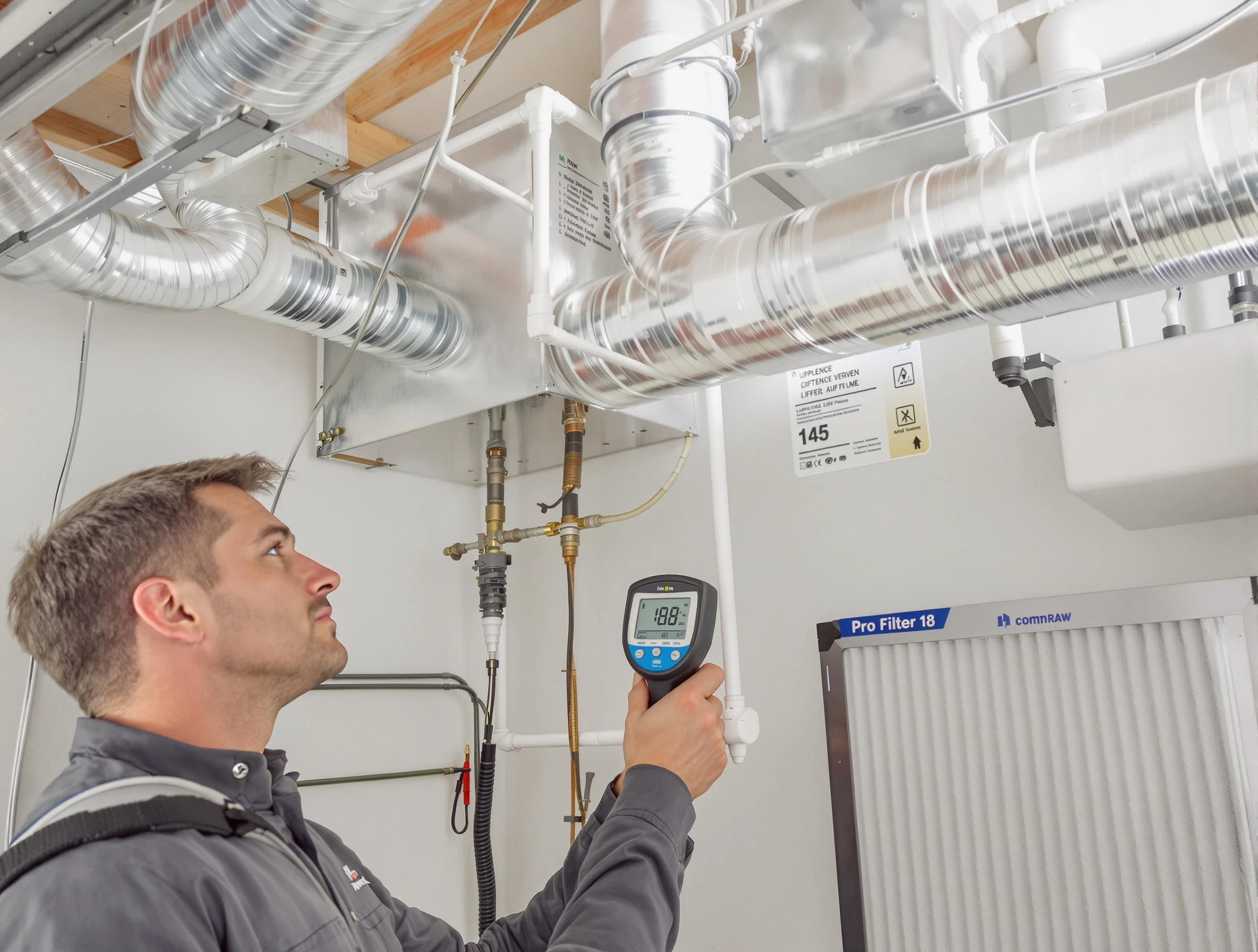 Hoover Air Duct Cleaning expert conducting detailed filter system inspection using diagnostic tools in Hoover